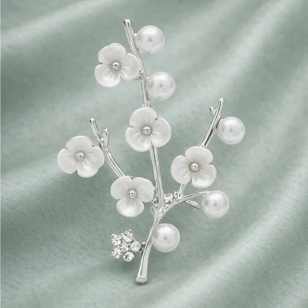 Cherry Blossom Silver Pearl Floral Brooch
